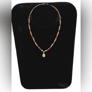 Santaellabyrey necklace of pearls, red Czech crystal with pendant of the Virgin